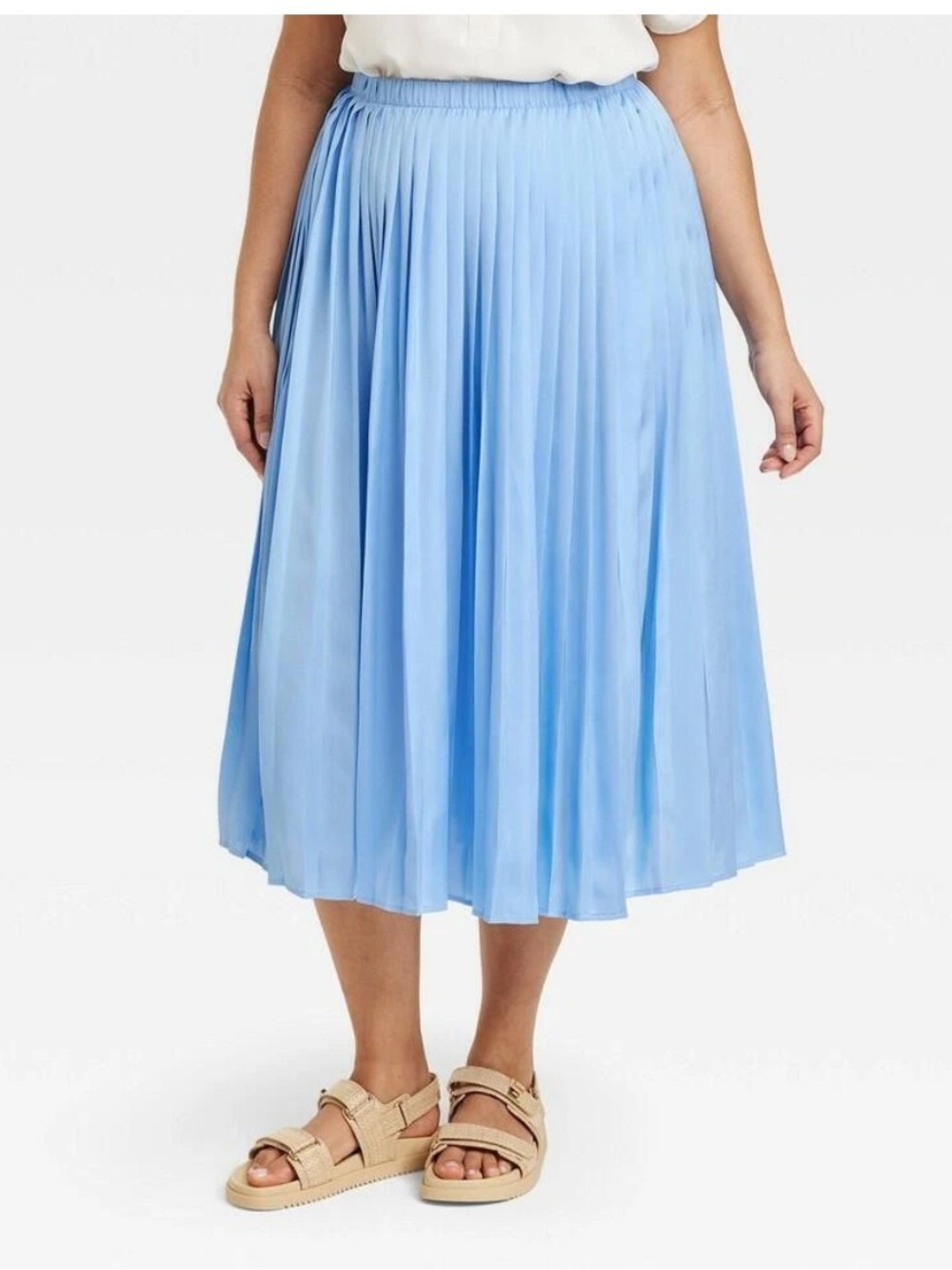 A New Day Pleated Satin Midi Skirt Sky Blue Plus Size 1X
